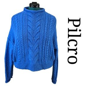 Anthropologie Pilcro Womens Blue Cable Knit Mock Neck Sweater Size S Fisherman